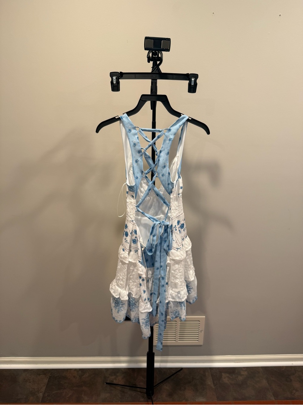 Altar'd State Blue and White Floral Lace-Up Back Mini Dress - Picture 5 of 6